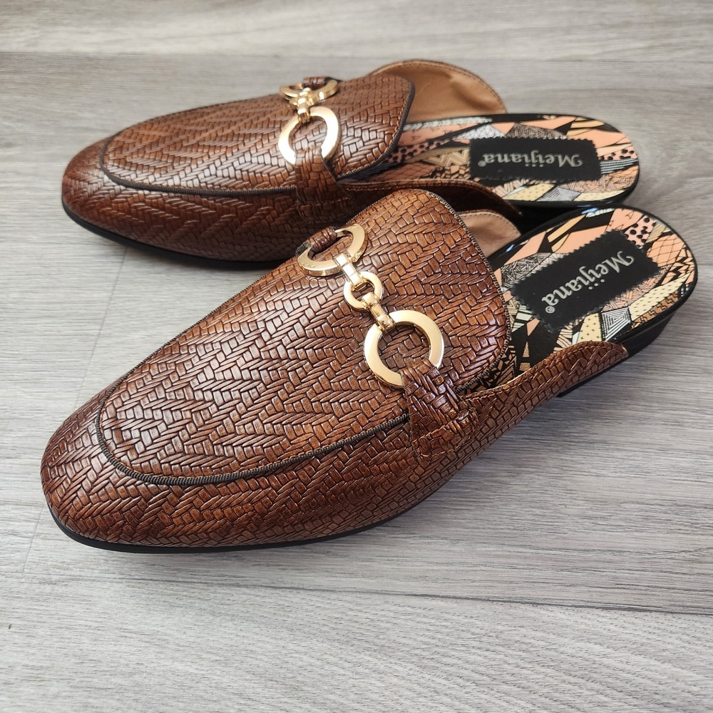 Meijiana Brown Woven Horsebit Mule Loafers Size‎ 8 Slip On Flats Comfort Elegant